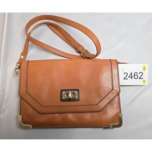 Vintage Tan Leather Crossbody Bag With Gold Accents & Turn-Lock Closure